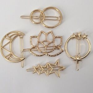 𝅺GOLDTONE Hair Clips Barrette Pin Set Lotus Star Moon 5 pieces